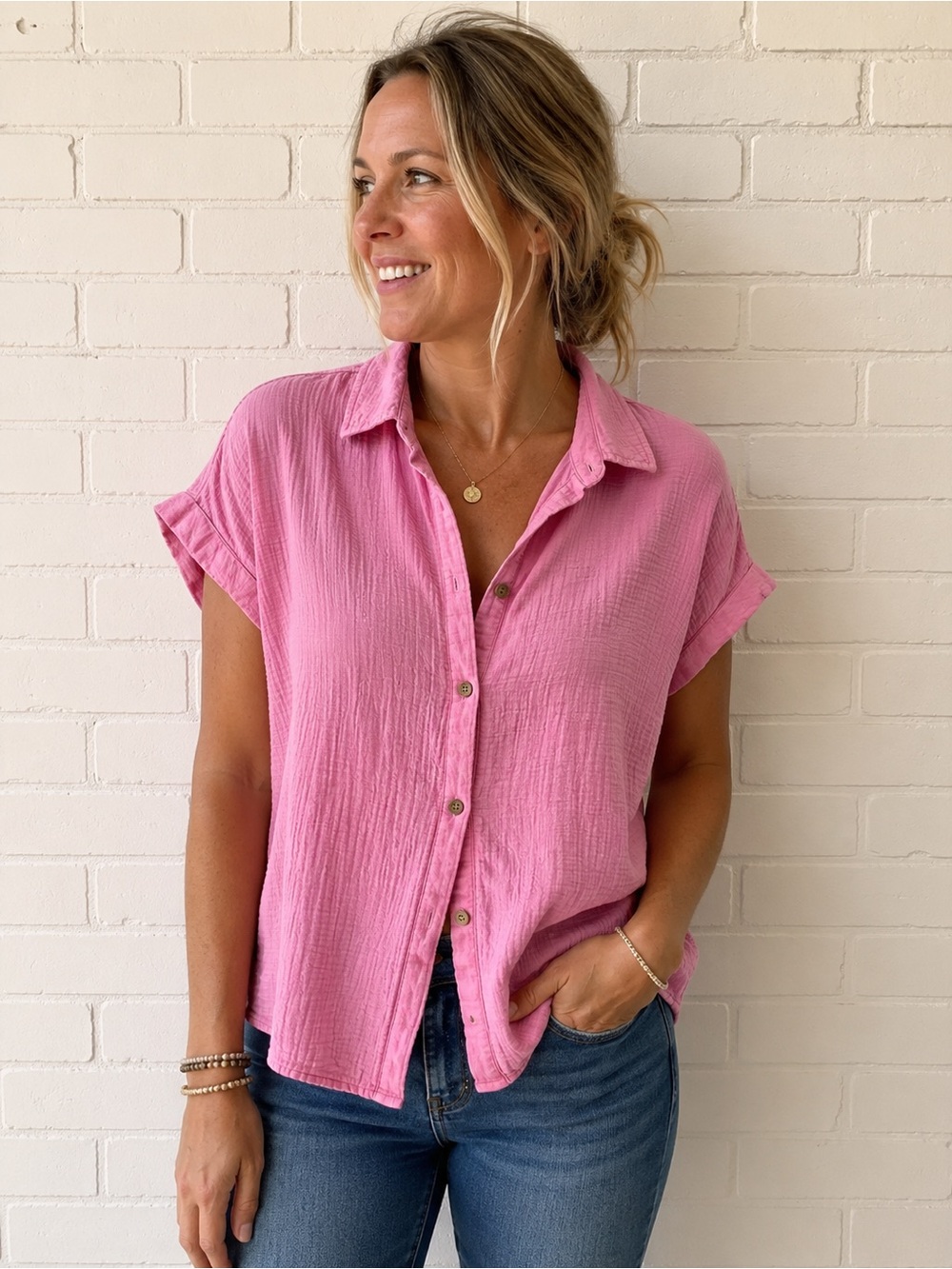 BeachLunchLounge Pink Cotton Gauze Button Front Top Medium Coastal Boho